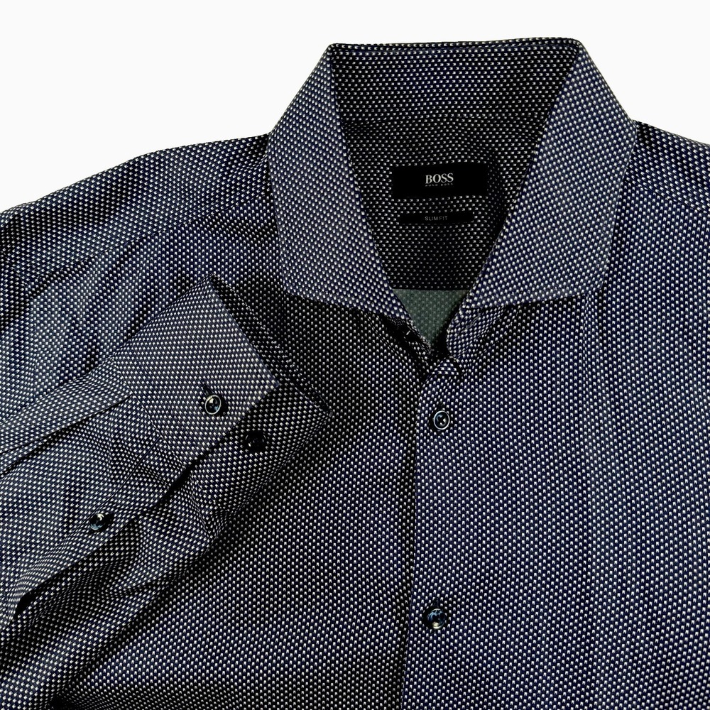 Hugo Boss Jason Slim Fit Dress Shirt Mens 16 41 Navy Geometric 100% Cotton LS